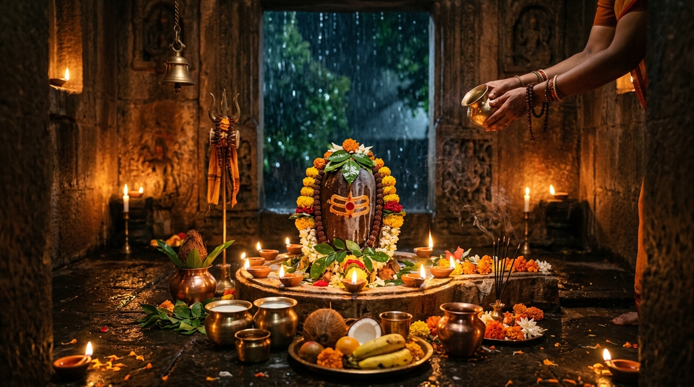 Sacred Shravana Month — Shiva Lingam Puja with Bilva Leaves and Diyas